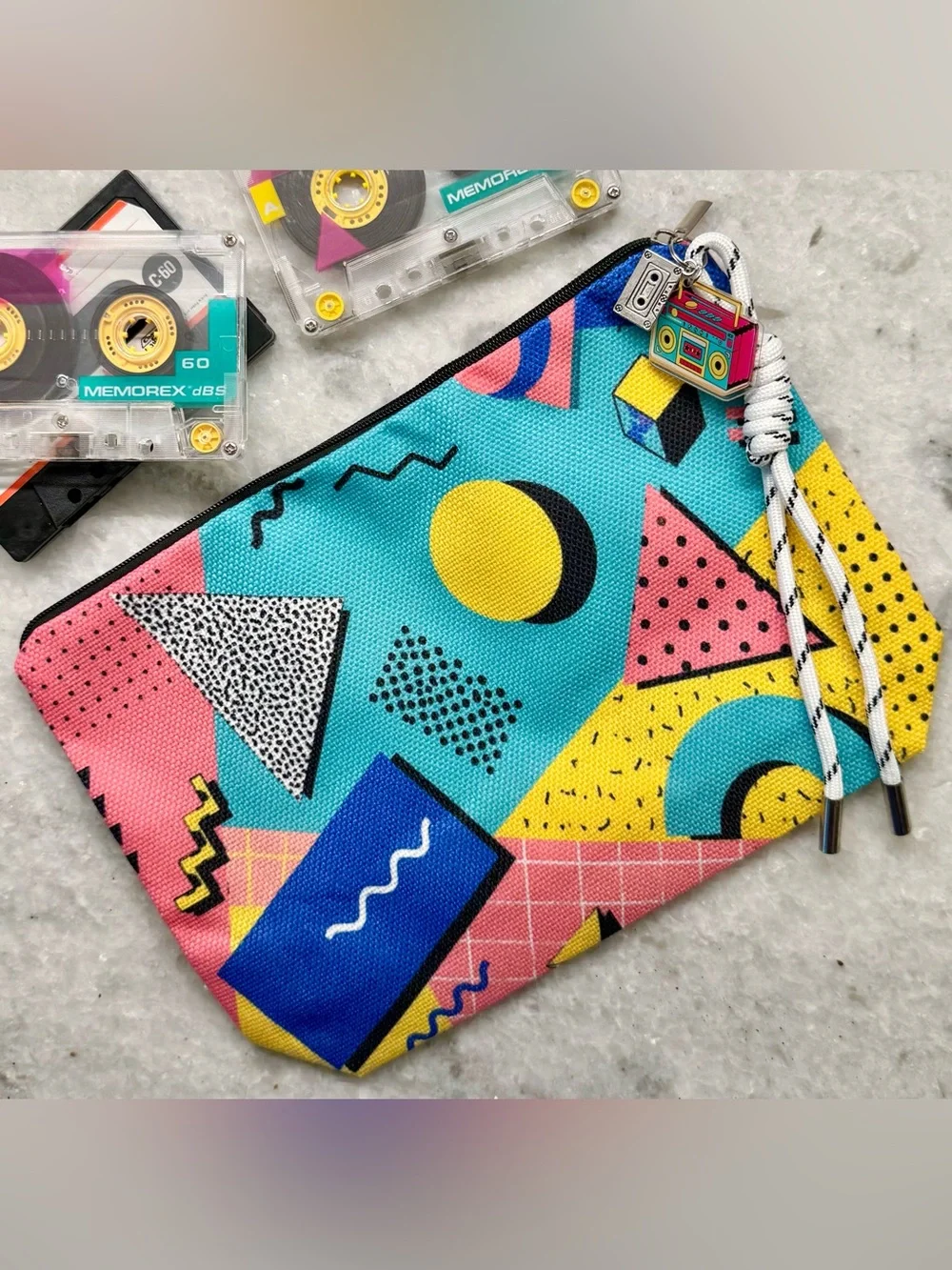 New Geometric Retro 80s Style Zippered Makeup Bag w/ Cassette & Boombox Charms